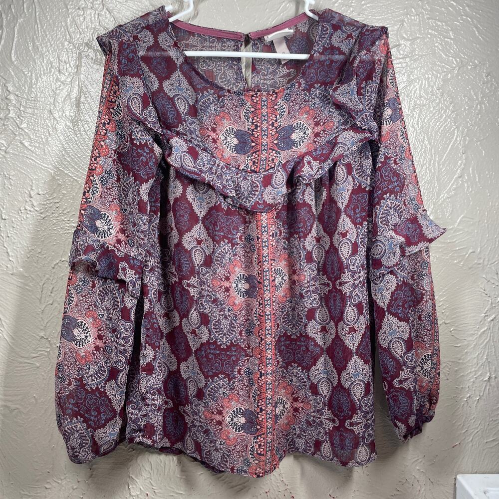 Knox Rose Maroon Round Neck Floral Paisley Ruffle‎ Sheer Blouse Womens Sz Medium